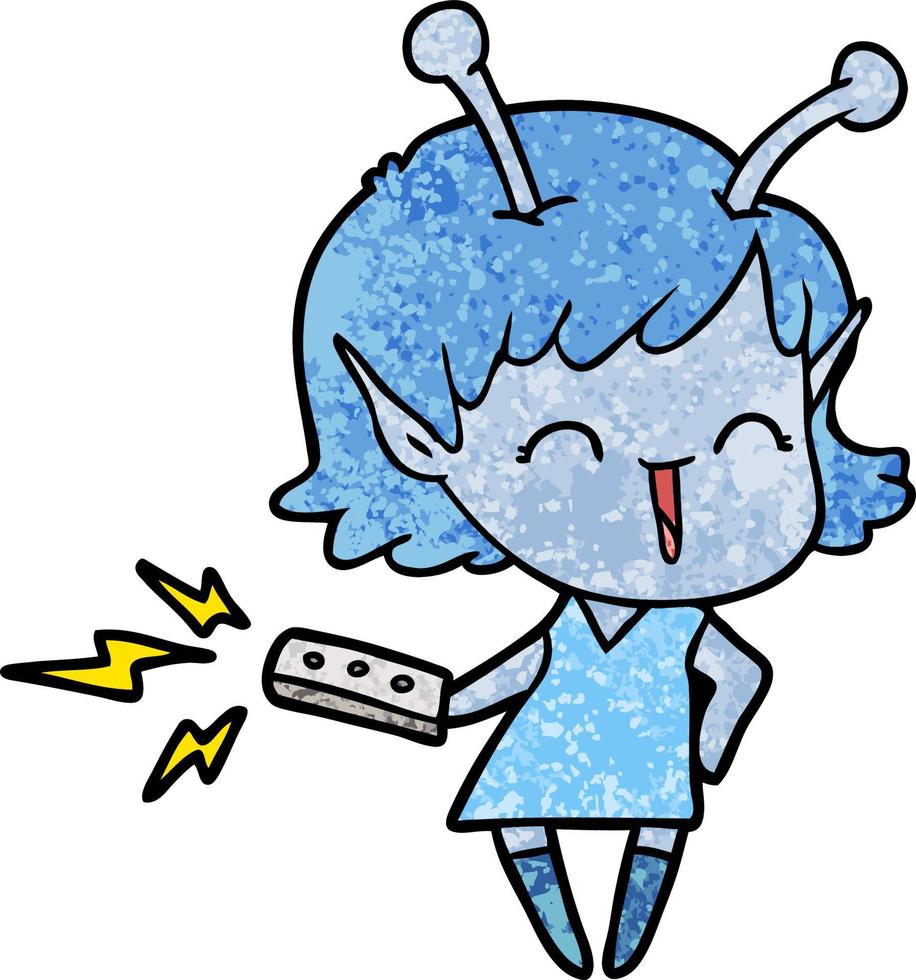 cartoon alien girl laughing with remote control vector