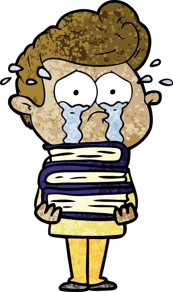 cartoon crying student with stack of books vector