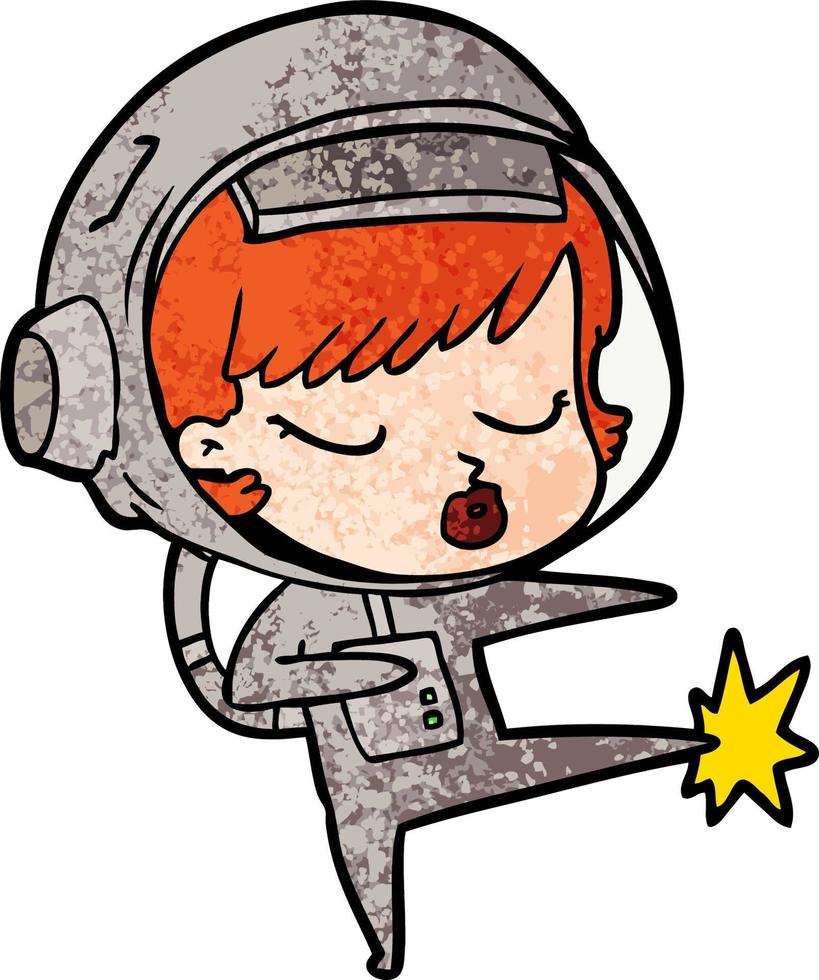 cartoon pretty astronaut girl karate kicking vector