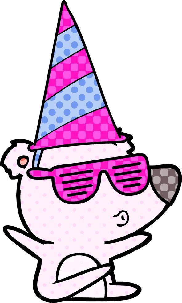 cartoon whistling bear wearing party hat vector