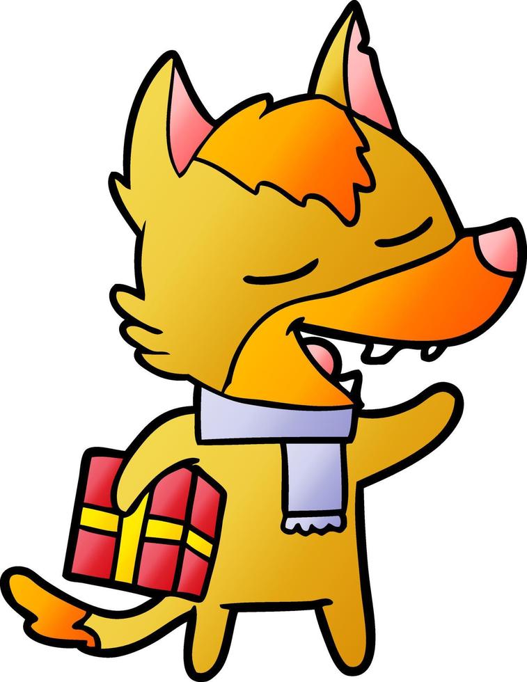 fox cartoon character with present vector