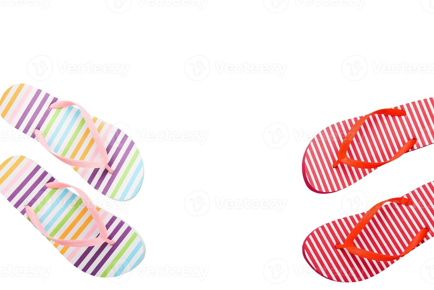 Summer shoes. Flip flops isolated on white. Summertime concept. Top view and copy space. Fashion slippers. Mock up photo