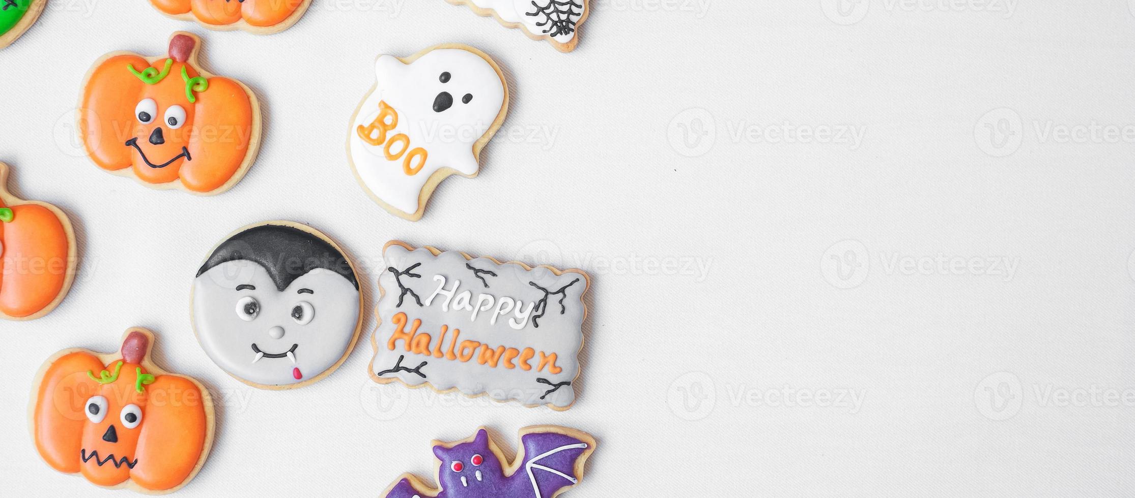 Halloween funny Cookies set on white background. Trick or Threat, Happy Halloween, Hello October, fall autumn, Festive, party and holiday concept photo