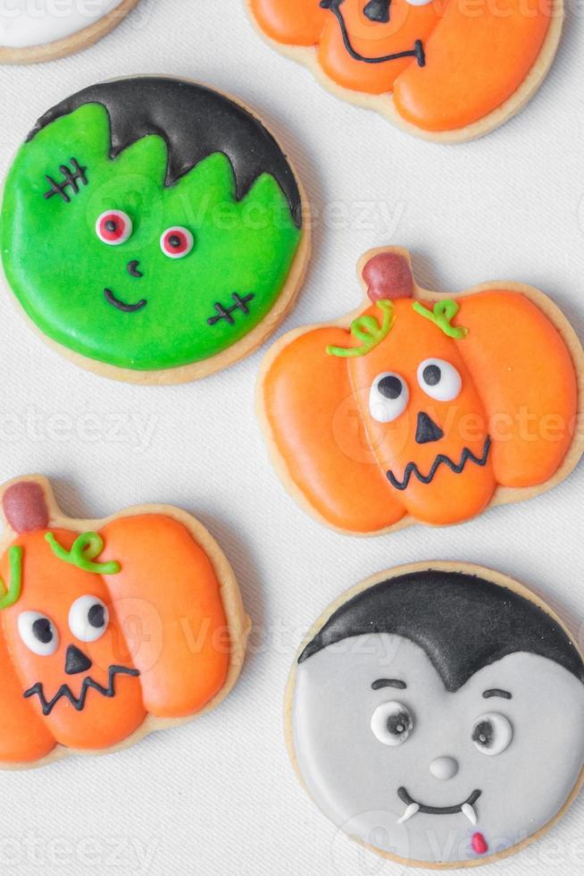 Halloween funny Cookies set on white background. Trick or Threat, Happy Halloween, Hello October, fall autumn, Festive, party and holiday concept photo