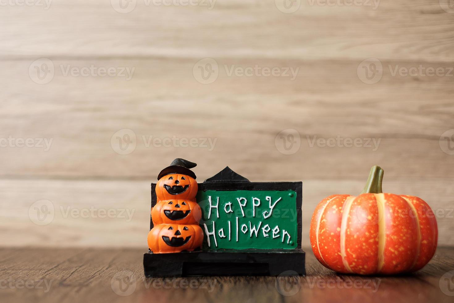 Orange pumpkin on table with copy space for banner background. Happy Halloween day, Hello October, fall autumn season, Festive, party and holiday concept photo