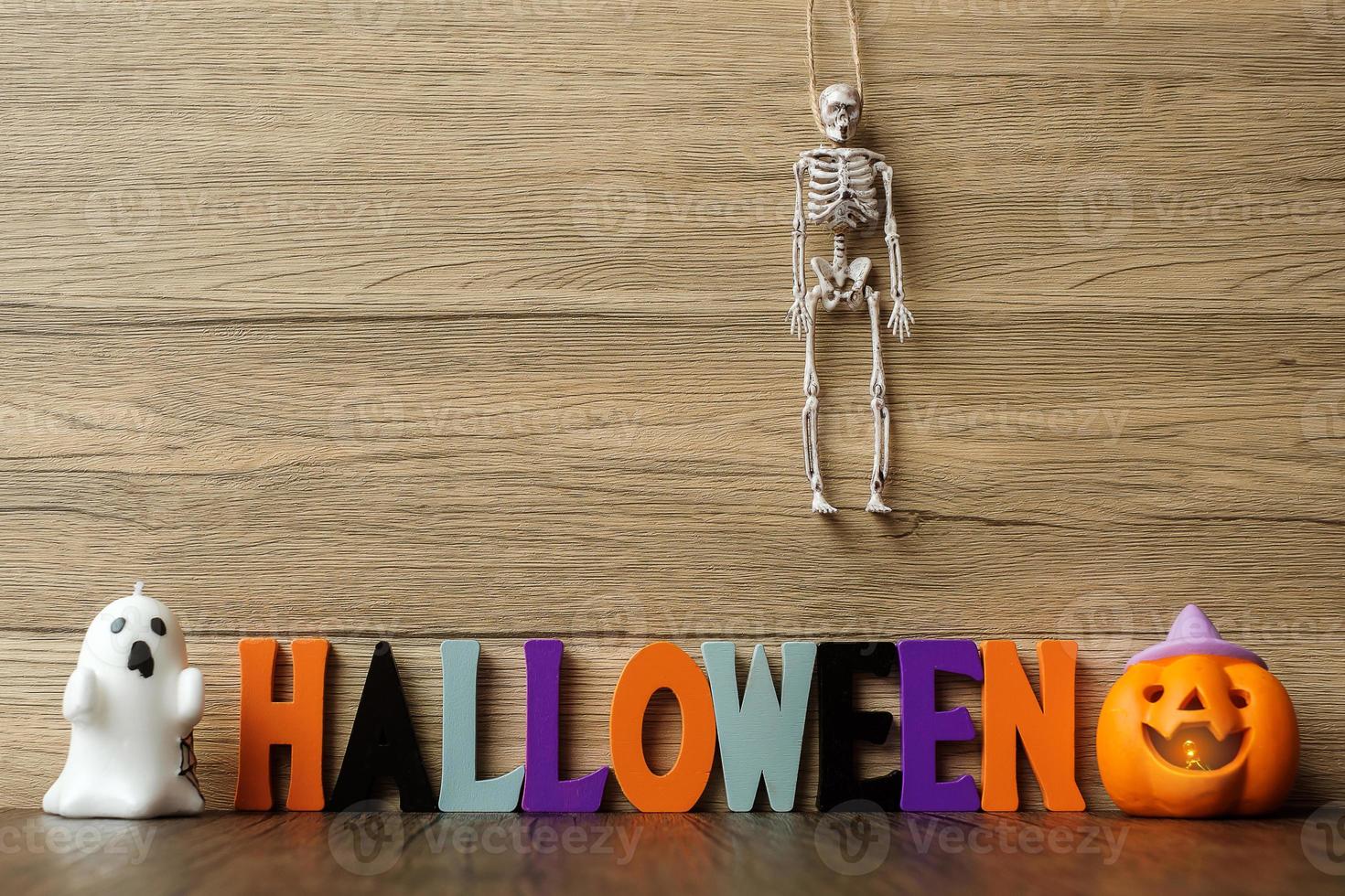 Happy Halloween day with ghost, pumpkin,  bowl and decorative. Trick or Threat, Hello October, fall autumn, Festive, party and holiday concept photo