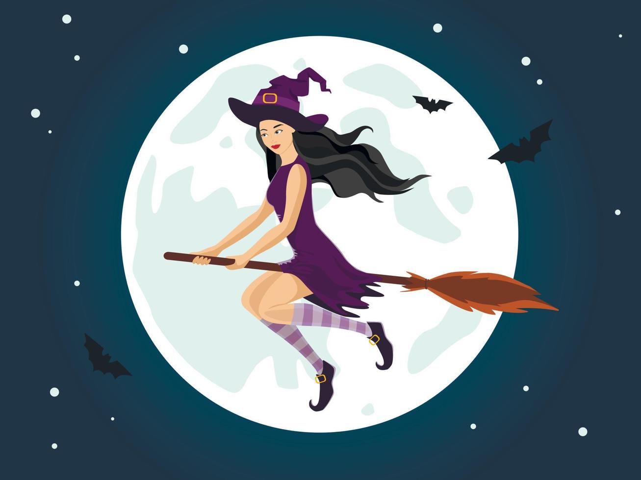 Witch flies on a broom at night sky with full moon. Girl in halloween costume with witch hat. vector