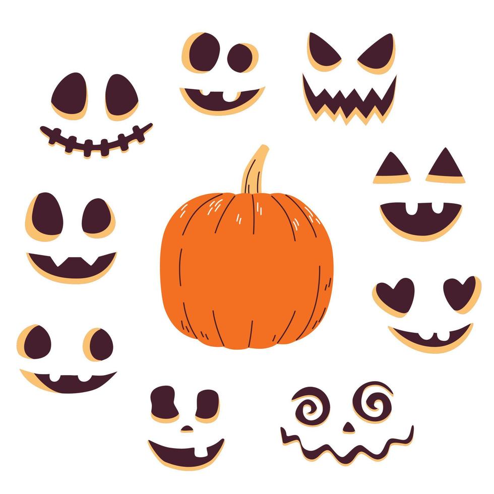 Orange pumpkin with different funny smile. Collect your own pumpkin. Vector illustration.