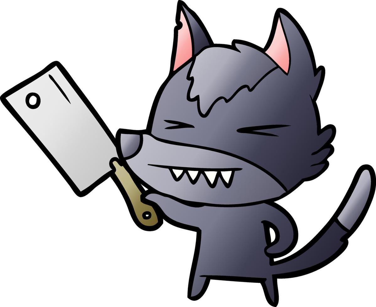 angry wolf cartoon with cleaver vector