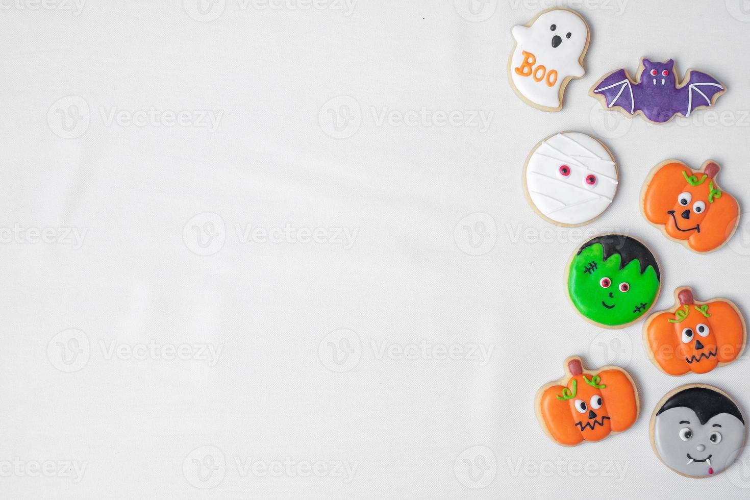 Halloween funny Cookies set on white background. Trick or Threat, Happy Halloween, Hello October, fall autumn, Festive, party and holiday concept photo