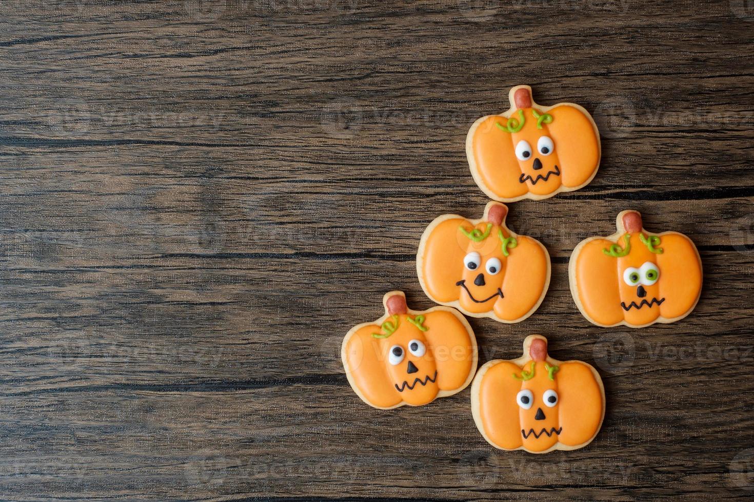 Happy Halloween day with funny Cookies set on wooden table background. Trick or Threat, Hello October, fall autumn, Festive, party and holiday concept photo