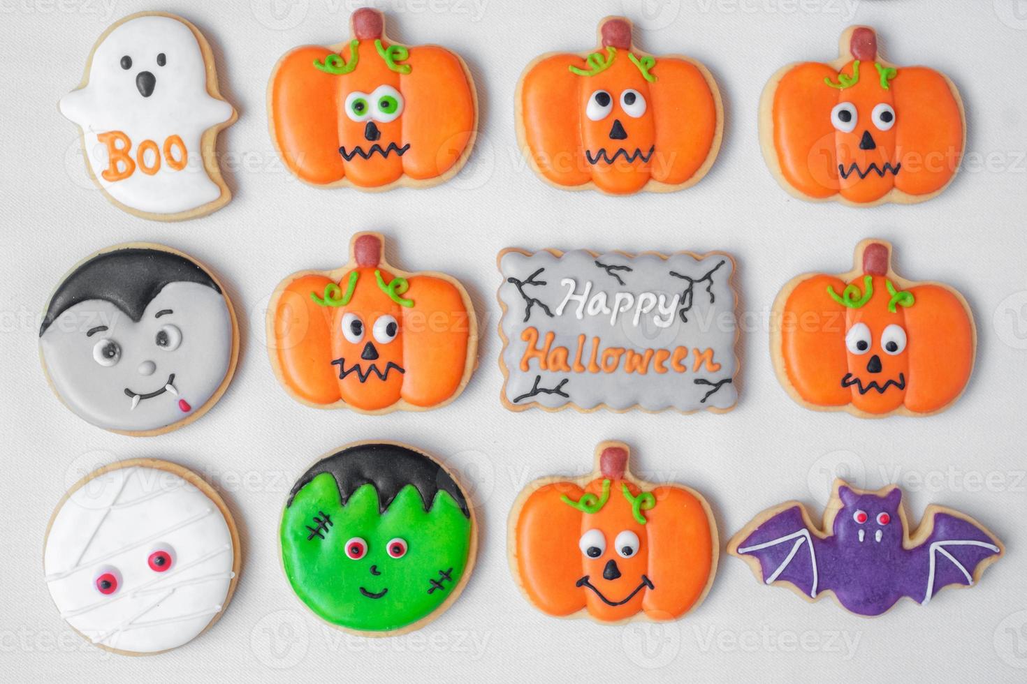 Halloween funny Cookies set on white background. Trick or Threat, Happy Halloween, Hello October, fall autumn, Festive, party and holiday concept photo