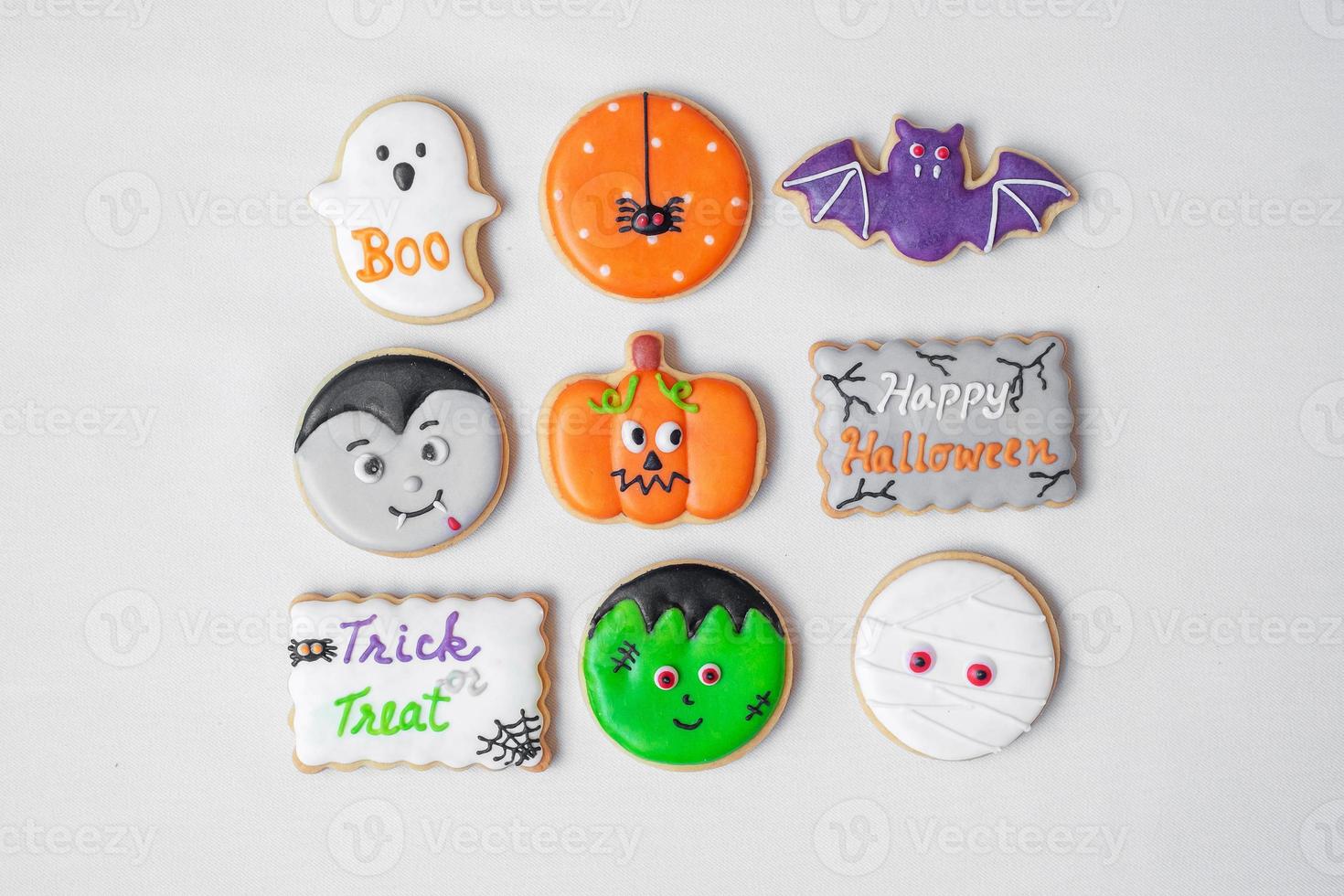 Halloween funny Cookies set on white background. Trick or Threat, Happy Halloween, Hello October, fall autumn, Festive, party and holiday concept photo