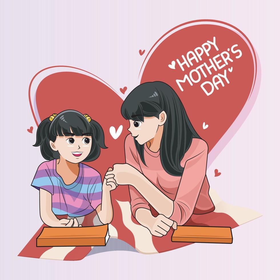 feliz día de la madre. madre enseña a una hija a estudiar ilustración vectorial descarga gratuita vector