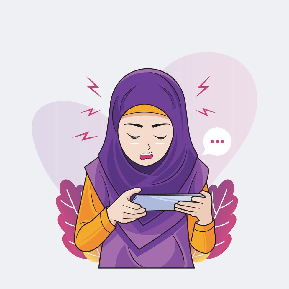 Hijab little girl tired eyes from using gadgets vector illustration free download