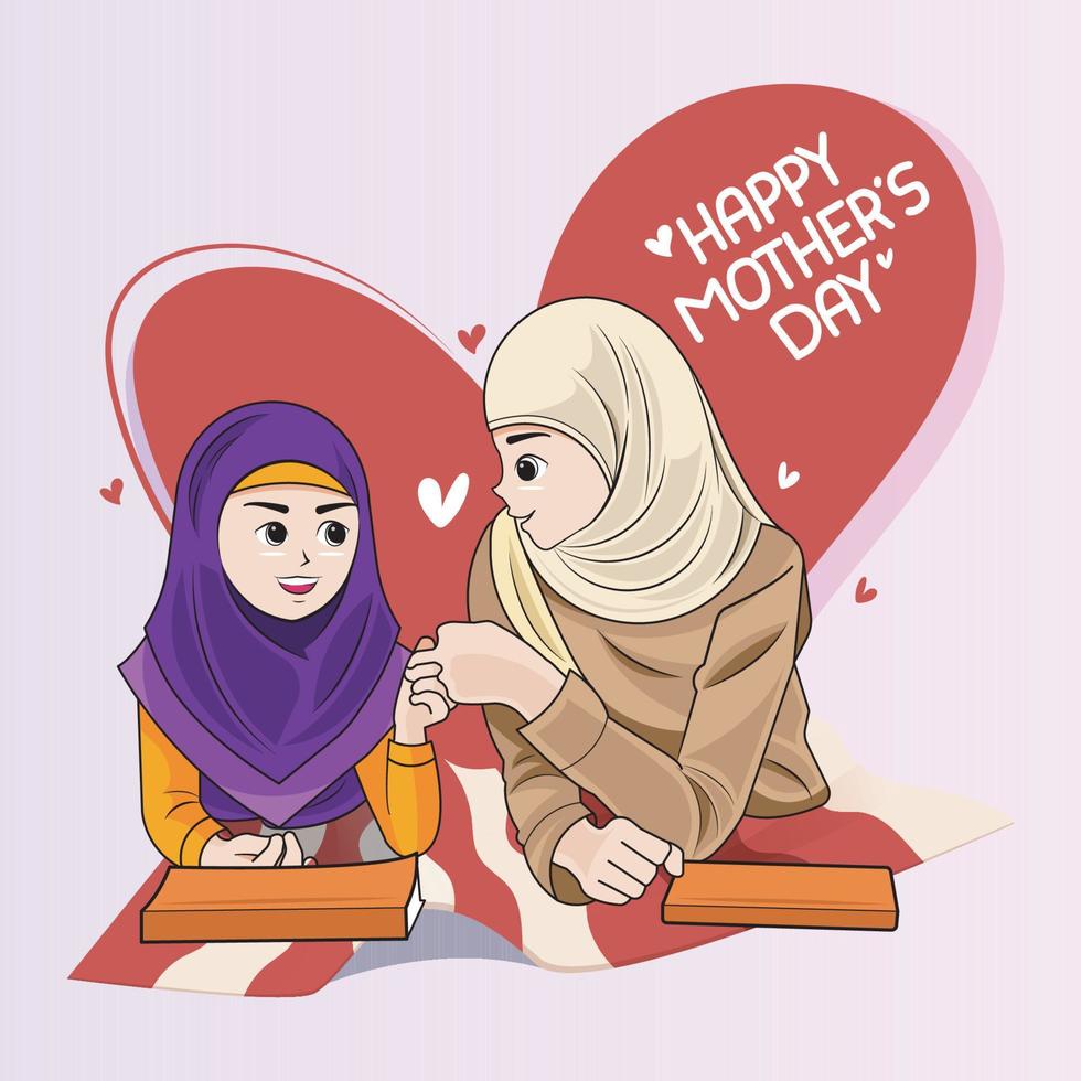 Happy mothers day. Mother in hijab teaches daughter to study vector illustration pro download