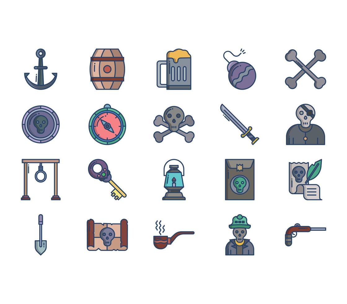 conjunto de iconos de piratas y armas vector