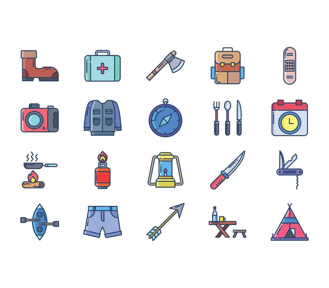 conjunto de iconos de camping y senderismo vector