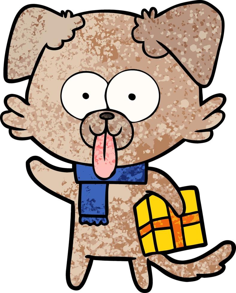 perro de dibujos animados con regalo de navidad vector