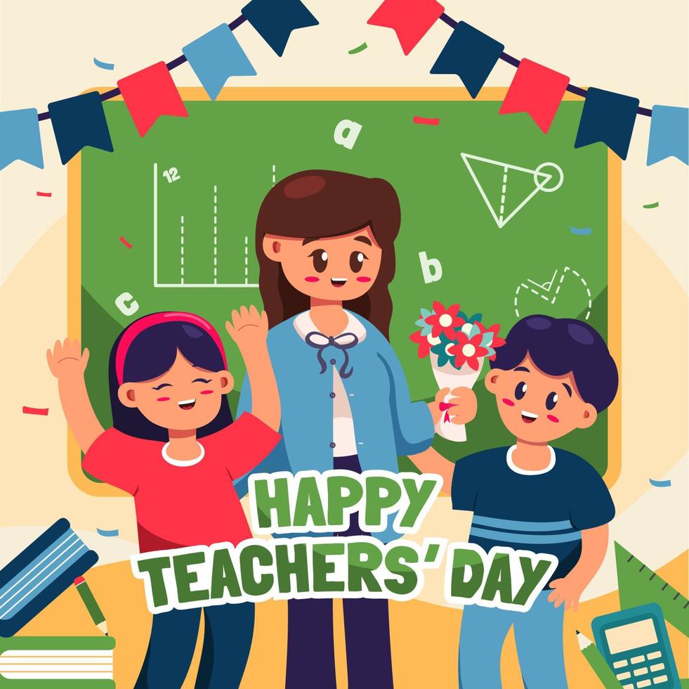 Students Celebrating Teachers Day in Classroom vector