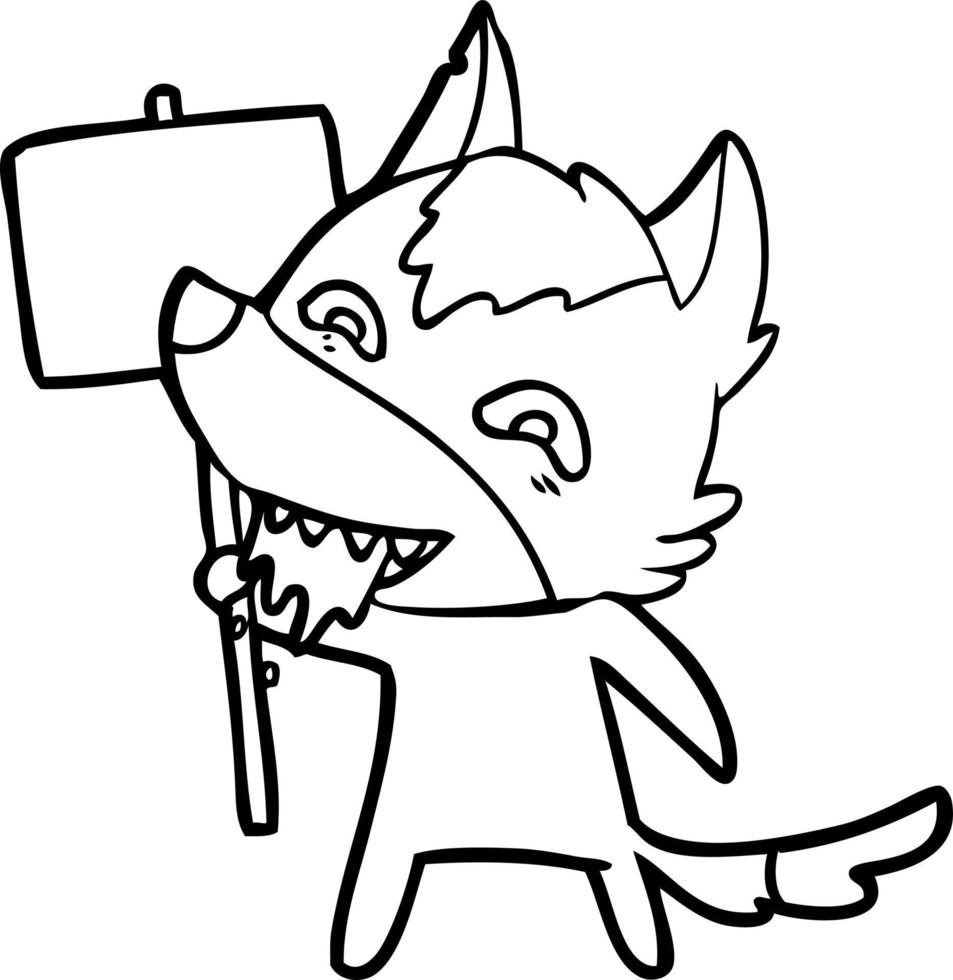 cartoon hungry wolf with sign post vector