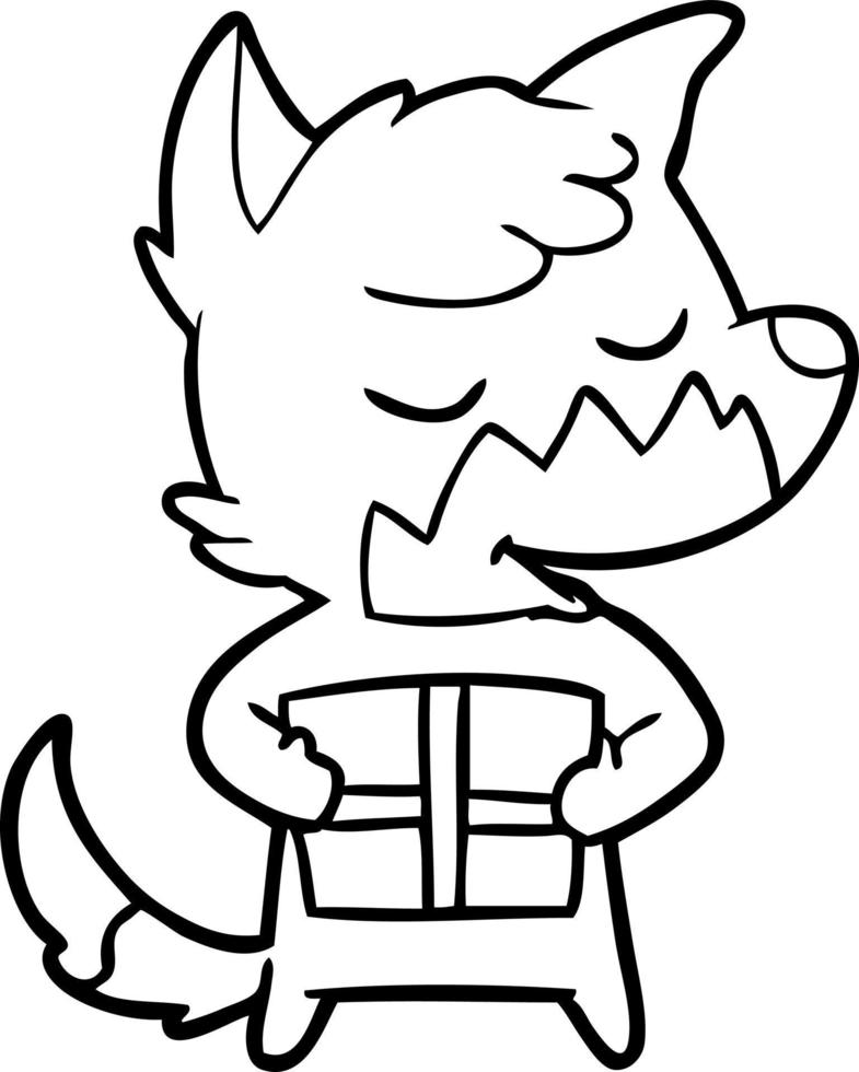 friendly cartoon fox with christmas present vector