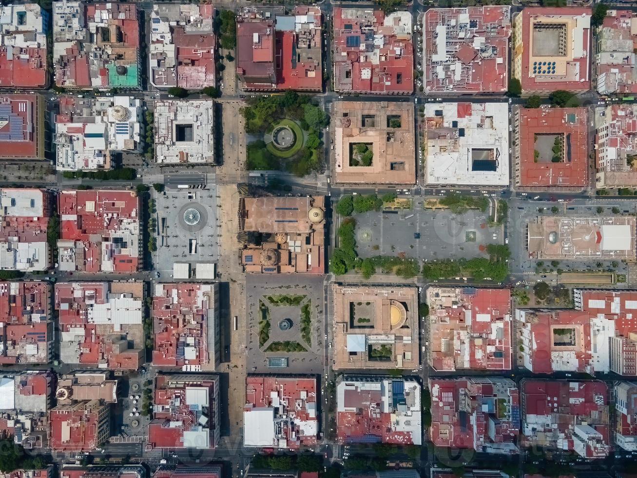 view from the sky, view from above the cross of squares in guadalajara mexico, public squares forming a cross in plan photo