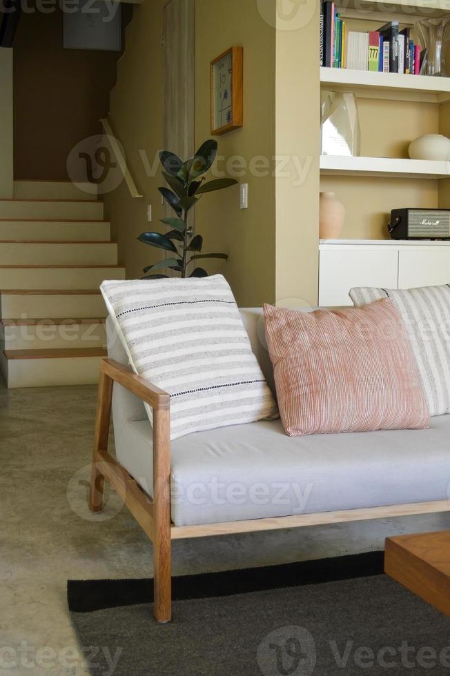 Cozy scandinavian style and modern design at home. solid wood, hardwood and fabric chair photo