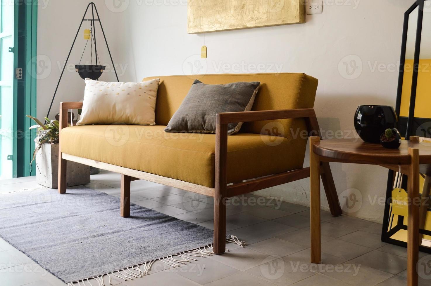 Cozy scandinavian style and modern design at home. solid wood, hardwood and fabric chair photo