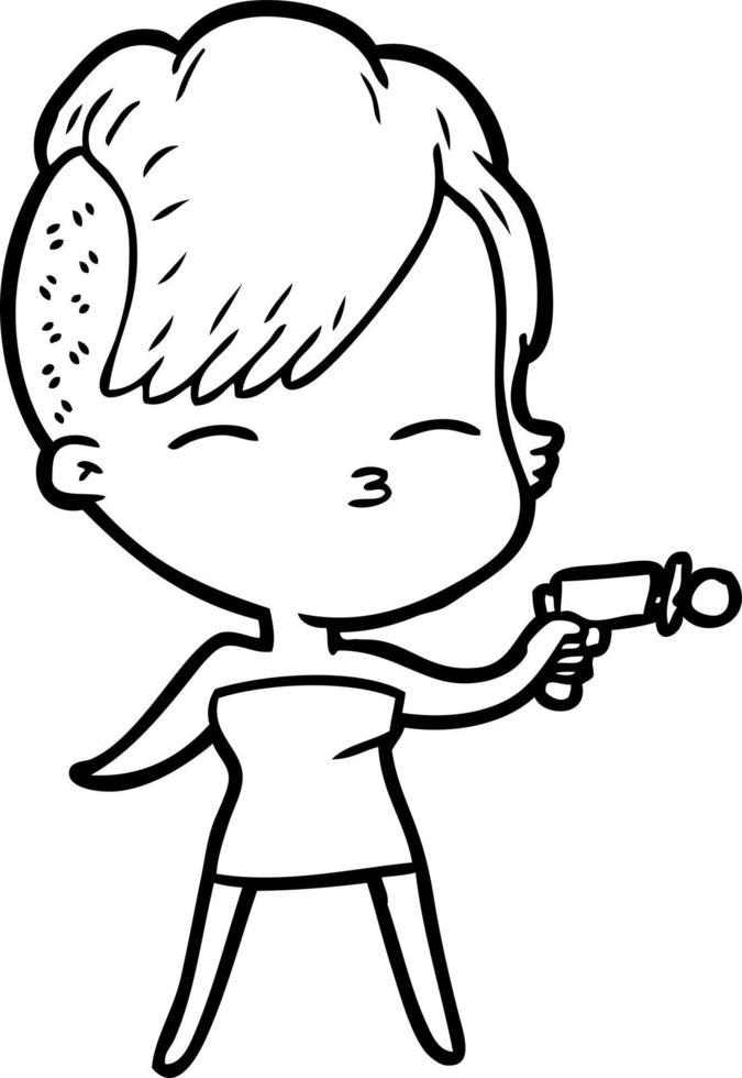 cartoon squinting girl pointing ray gun vector