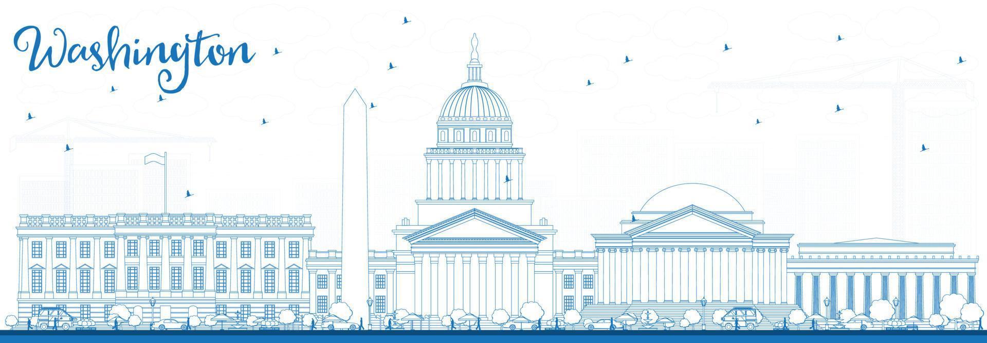 Outline Washington DC Skyline with Blue Buildings. vector