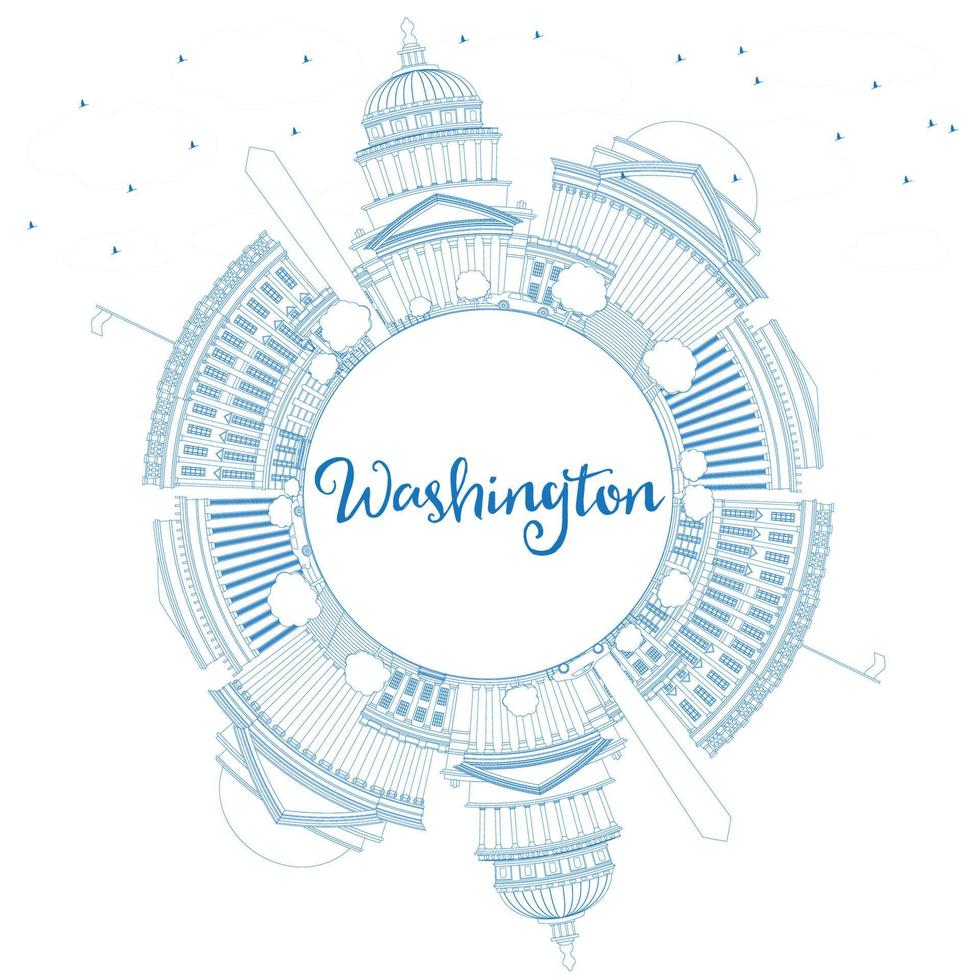Outline Washington DC Skyline with Blue Buildings and Copy Space. vector