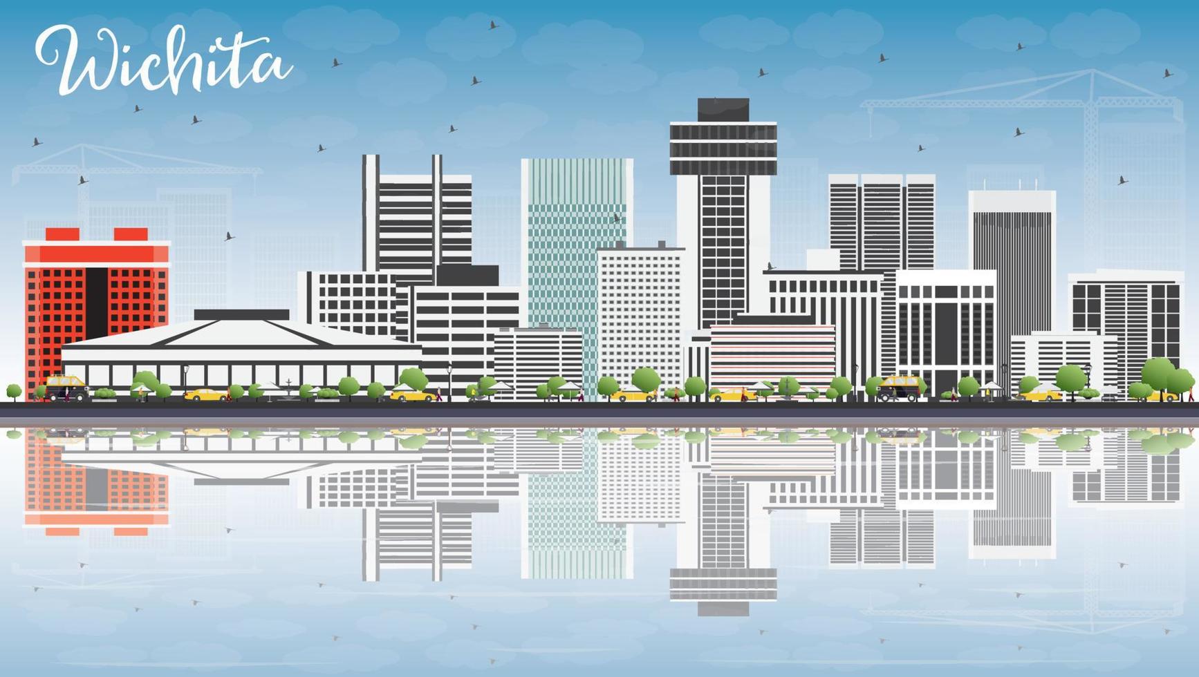 Wichita Skyline with Gray Buildings, Blue Sky and Reflections. vector