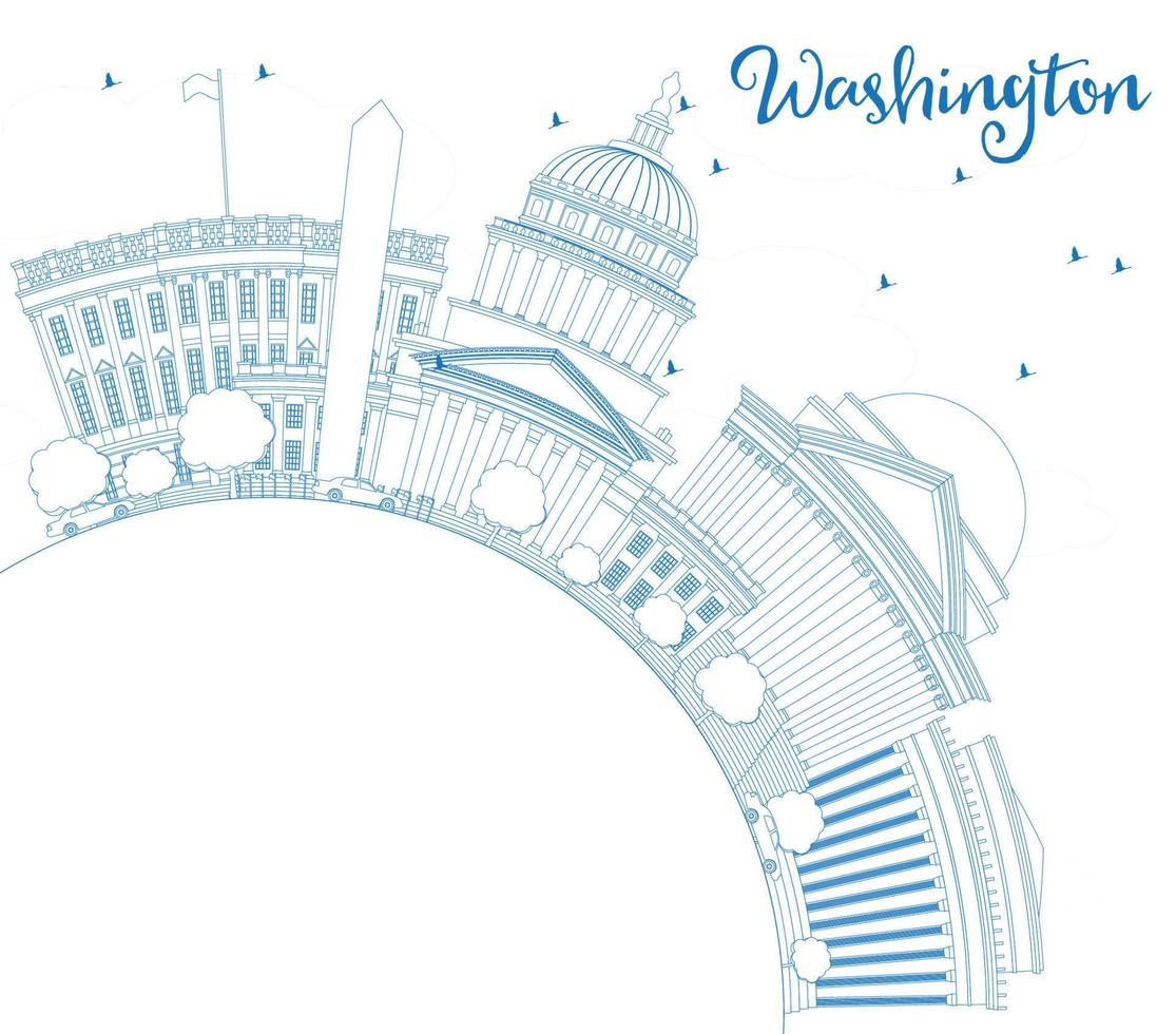 Outline Washington DC Skyline with Blue Buildings and Copy Space. vector