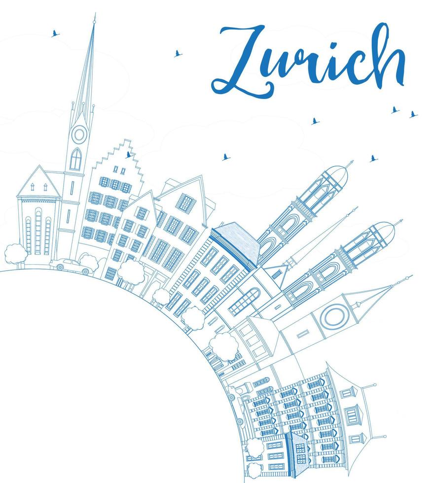 Outline Zurich Skyline with Blue Buildings and Copy Space. vector