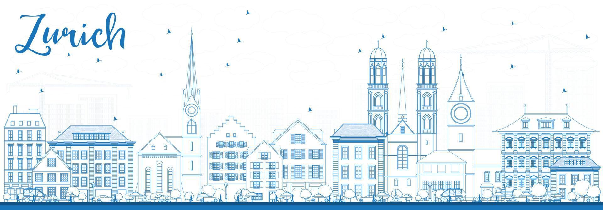 Outline Zurich Skyline with Blue Buildings. vector