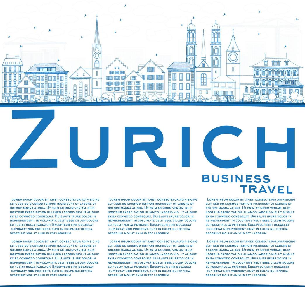 Outline Zurich Skyline with Blue Buildings and Copy Space. vector