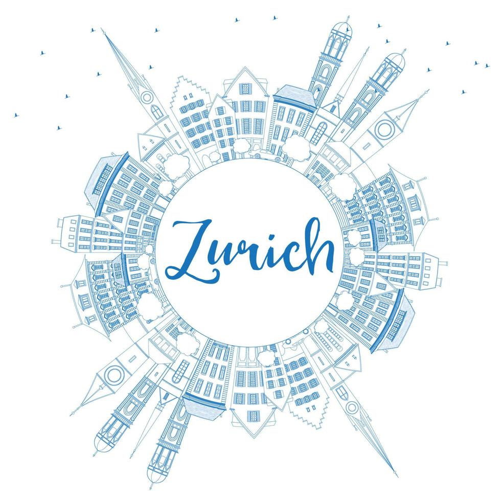 Outline Zurich Skyline with Blue Buildings and Copy Space. vector