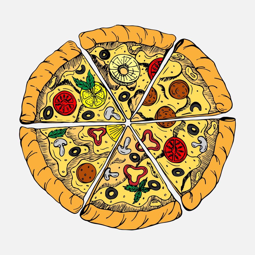 Fresh pizza.Traditional Italian fast food. Food with a view from above. European appetizer. Isolated light background. Vector illustration drawn by hand.