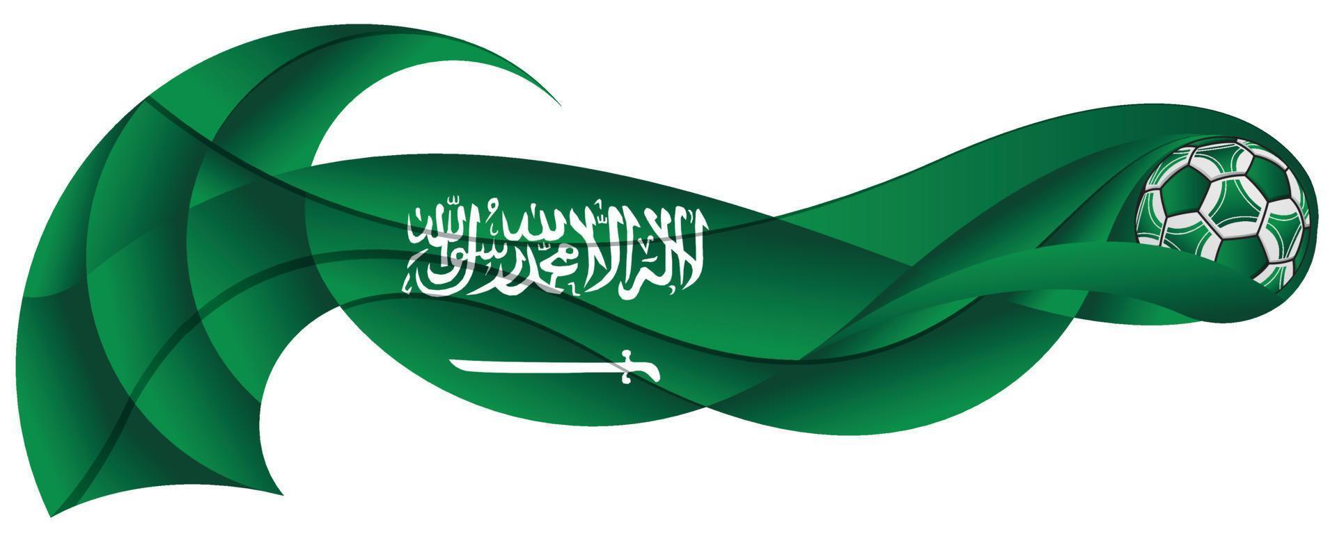 Balón de fútbol verde y blanco dejando un rastro ondulado con los colores de la bandera de Arabia Saudita vector