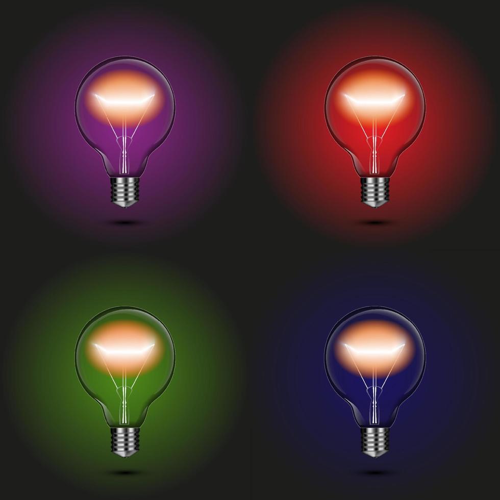 Realistic light bulb on a colored background.Red, purple, green and blue background. Vector incandescent lamp with bright light. Glow of electric incandescent lamps. Vector illustration.
