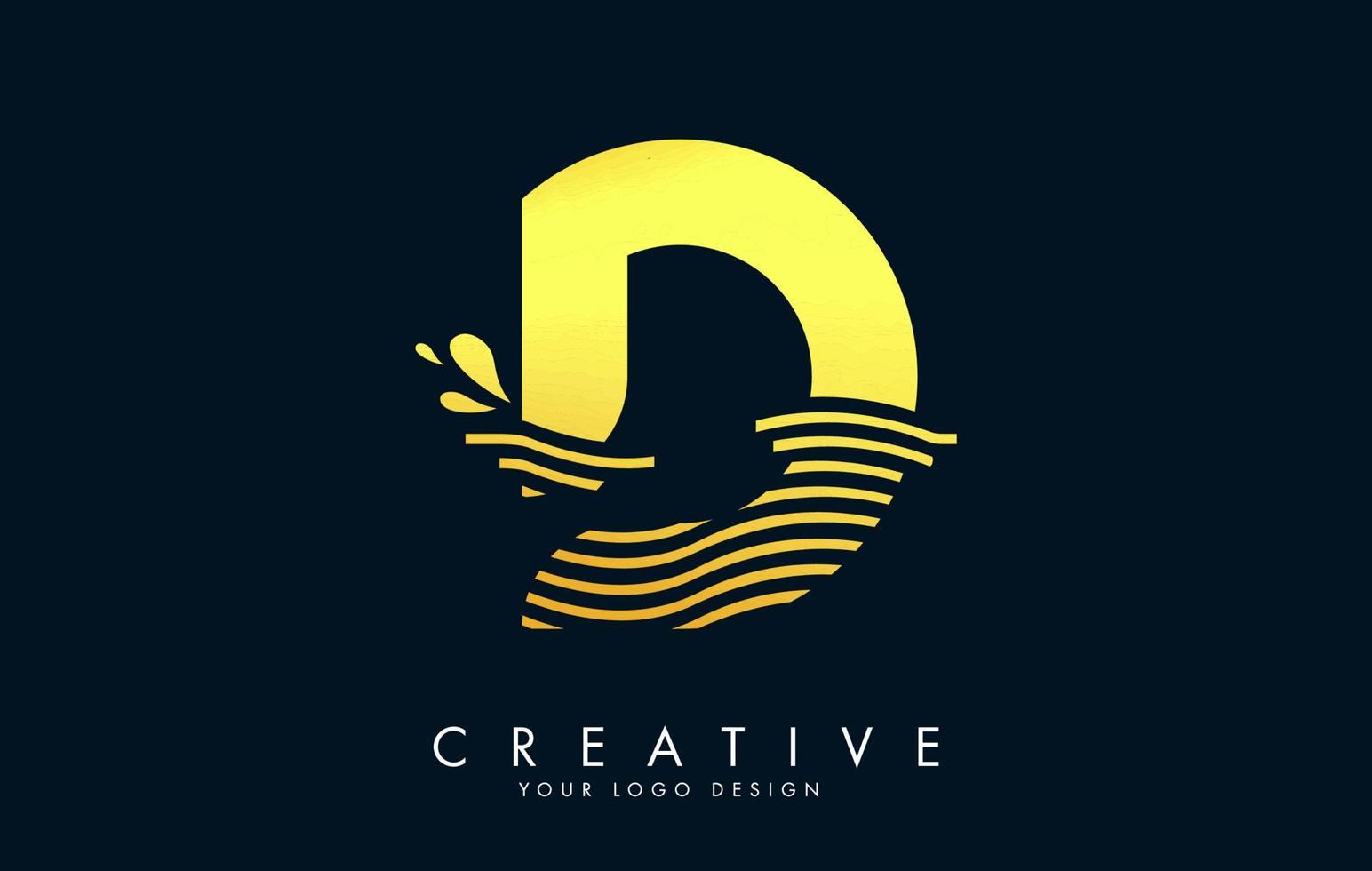 Golden D Letter Logo with Waves and Water Drops Design. vector