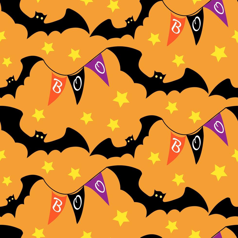 patrón sin costuras de halloween con banderas de miedo boo y estrellas sobre fondo naranja. ilustración vectorial dibujada a mano para la decoración de fiestas de halloween, scrapbooking, textil, papel de pared, diseño de tarjetas de felicitación. vector