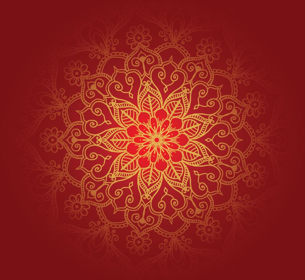 mandala dorado decorativo con fondo de color rojo vector