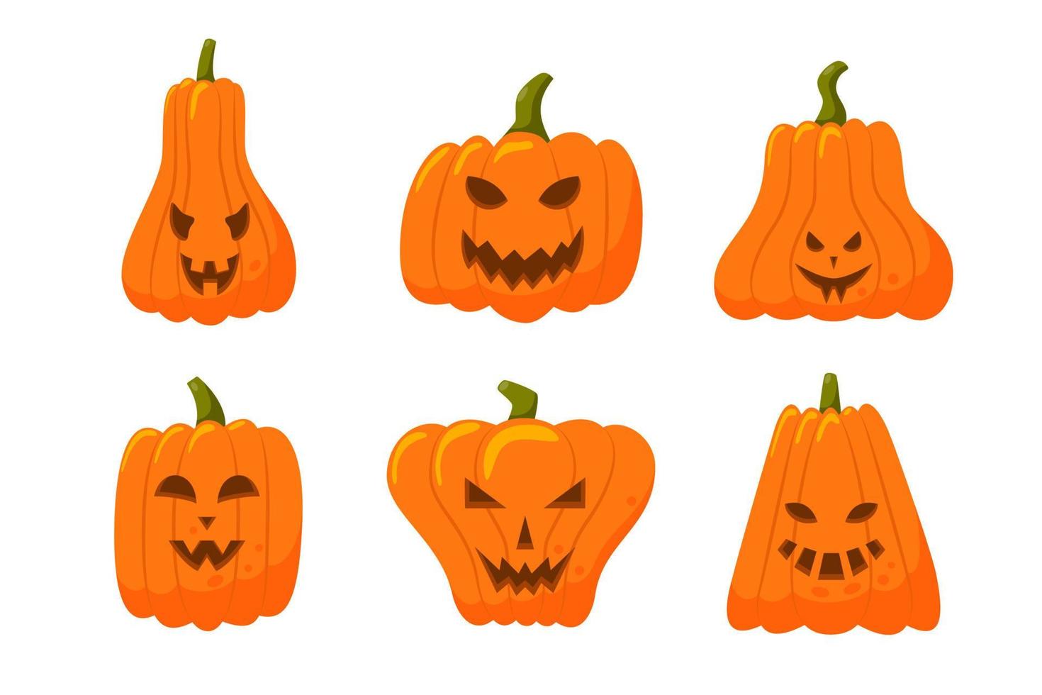 Set of scary pumpkins of various shapes isolated on a white background. Spooky creepy gourd faces, fall harvest squash. Thanksgiving and Halloween Elements. Vector illustrations