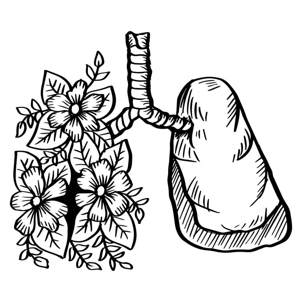 pulmones con flores dibujo a mano ilustración. vector