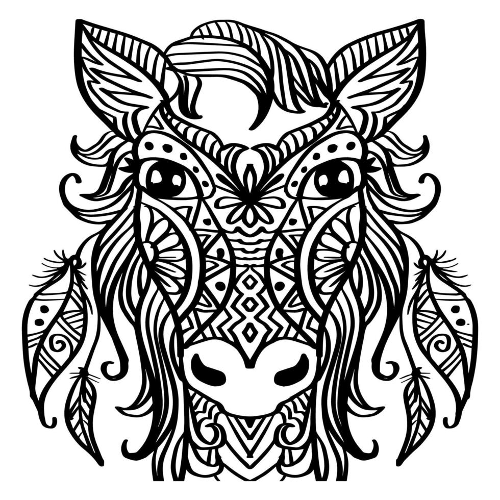 Horse with Indian feathers hand drawing illustration. vector