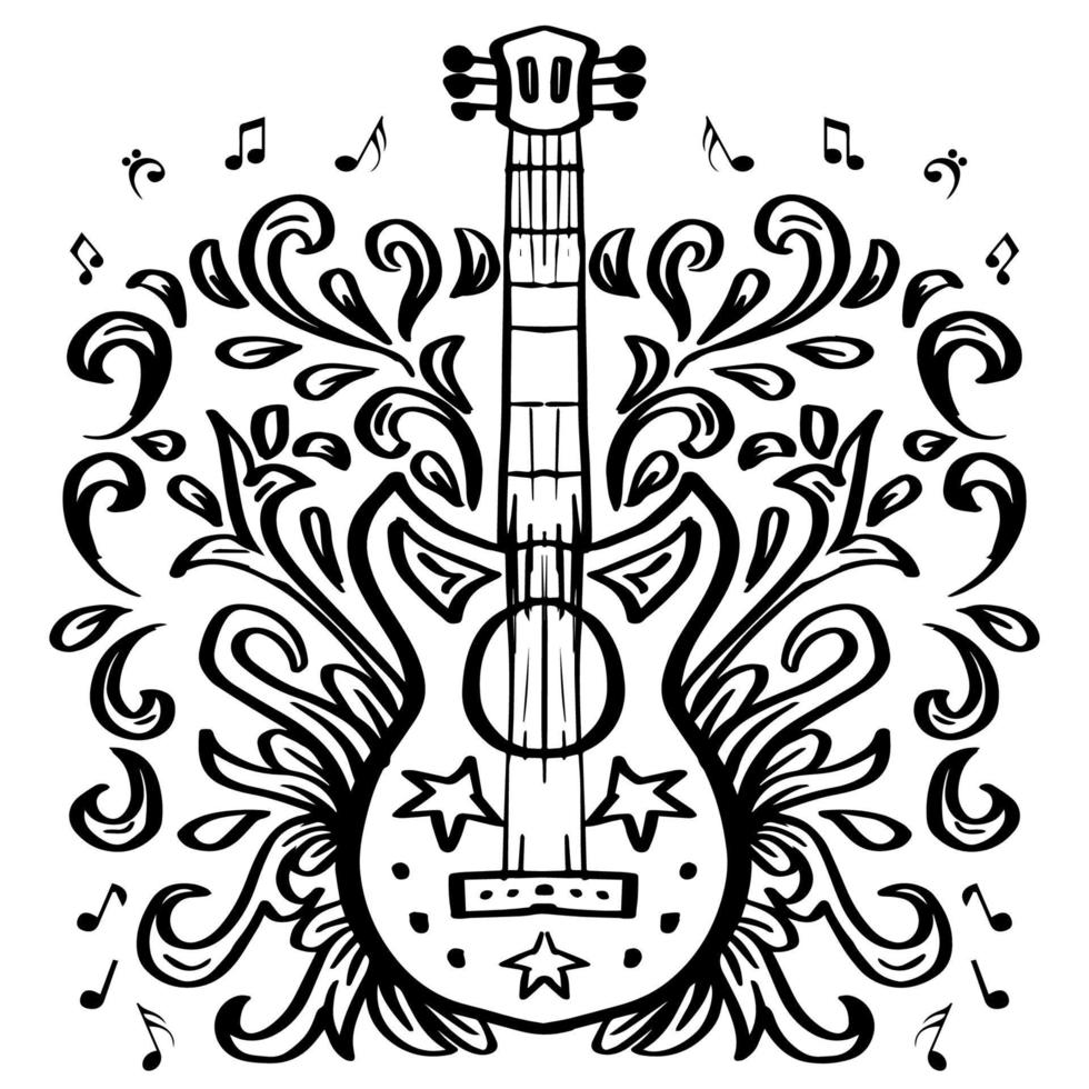 icono de guitarra de dibujo a mano alzada con elementos florales vector