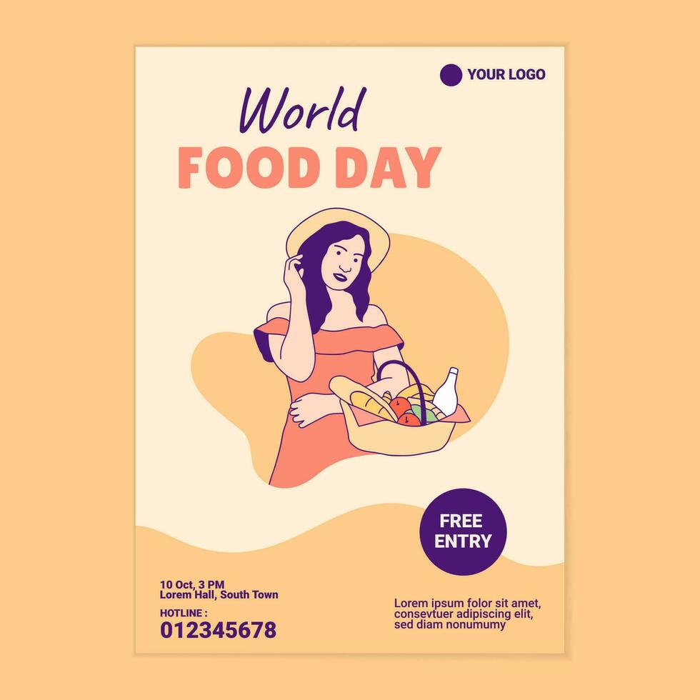 Illustrations beautiful woman holding picnic basket food for World Food Day poster template vector