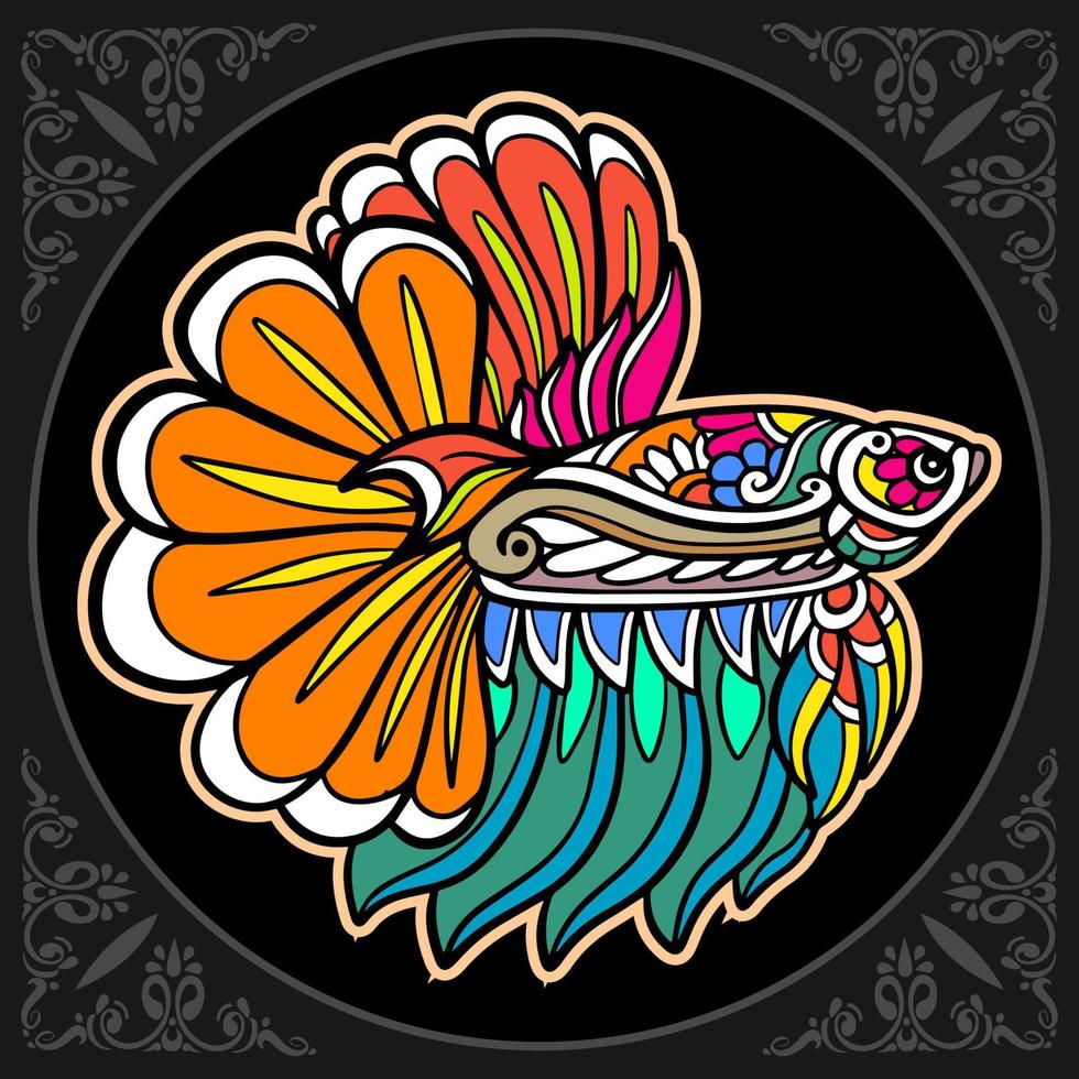 Colorido pez betta artes mandala aislado sobre fondo negro vector